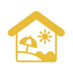 outline of house with umbrella, sun, and water inside