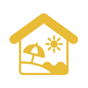 outline of house with umbrella, sun, and water inside