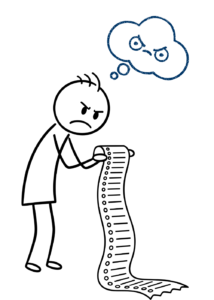 stick person with long list and angry though bubble