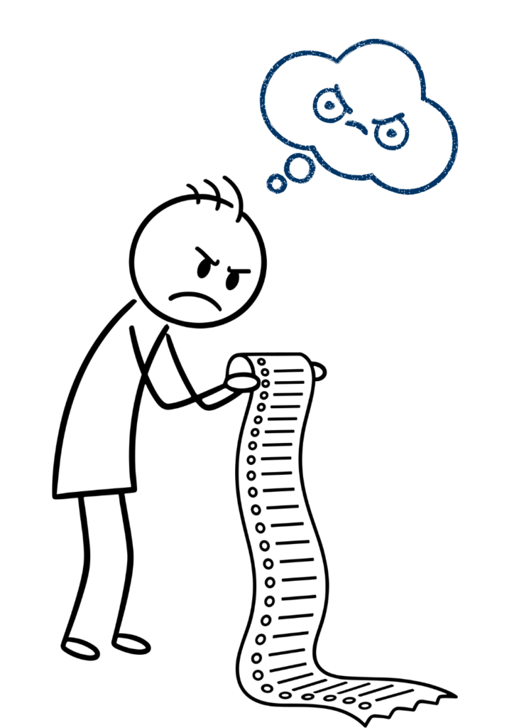 stick person with long list and angry though bubble
