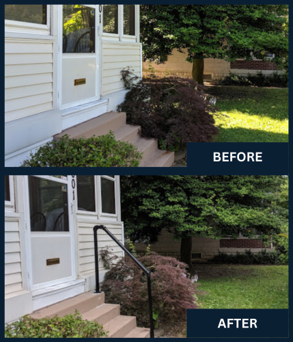 before and after images of adding a handrail to exterior stairs