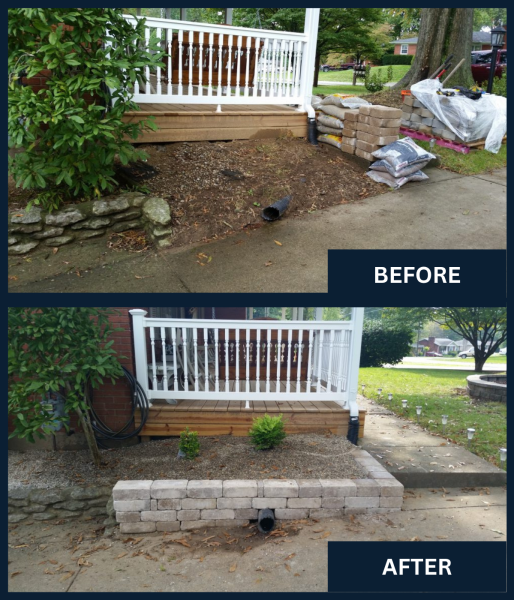 before and after picture of landscape retaining wall