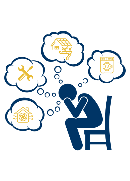 stick person sitting in chair with thought bubbles of home maintenance tasks